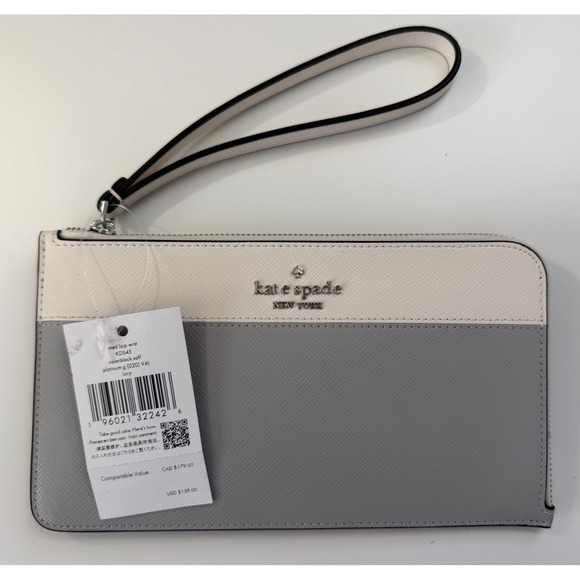 Kate Spade Colorblock Saffiano Leather Medium L-Zip Wristlet Grey White DEFECT